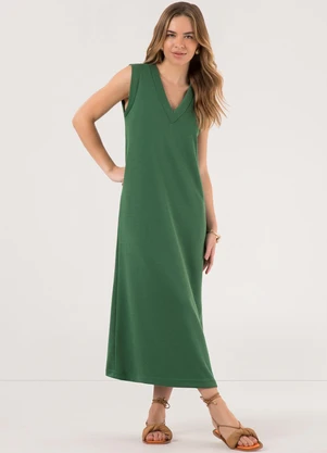 Lunender - Vestido com Decote em V Midi Chá Tricô Verde - LUNENDER