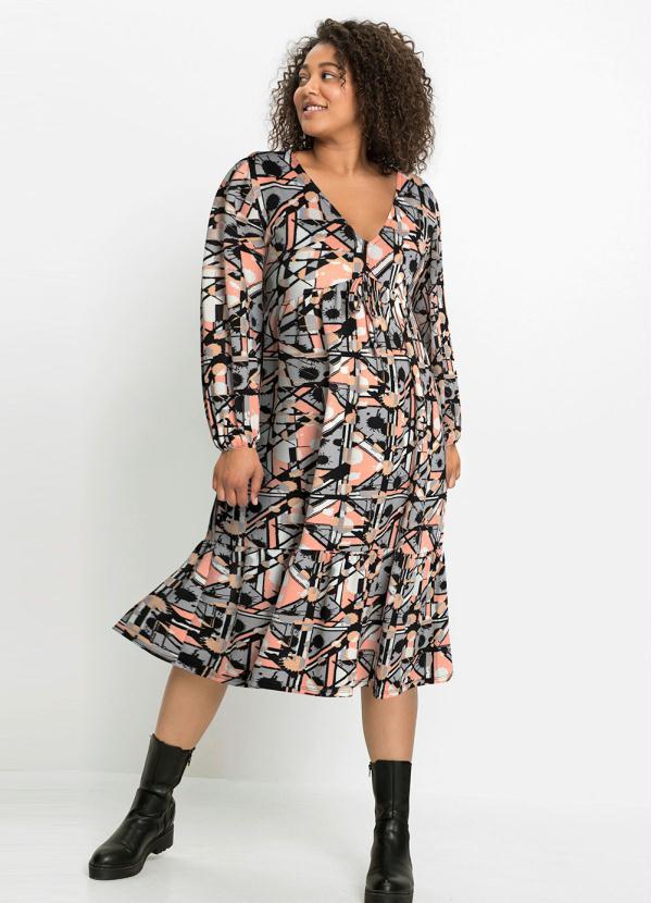 Outlet - Vestido com Decote V Profundo Estampado Salmão 4