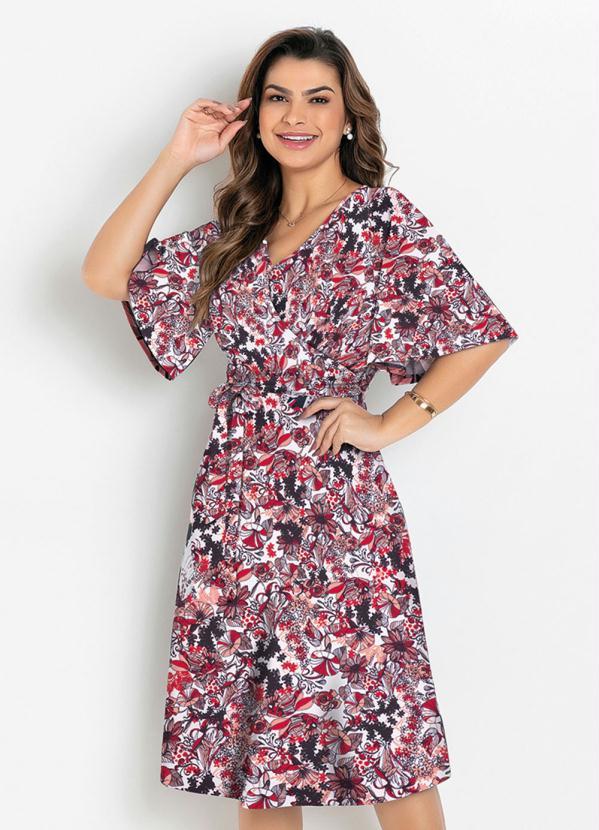 Rosalie - Vestido com Faixa Floral VermelhoModa Evangélica