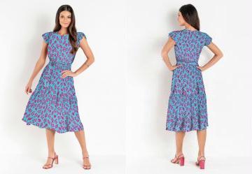 Vestido com Faixa Folhas Azul