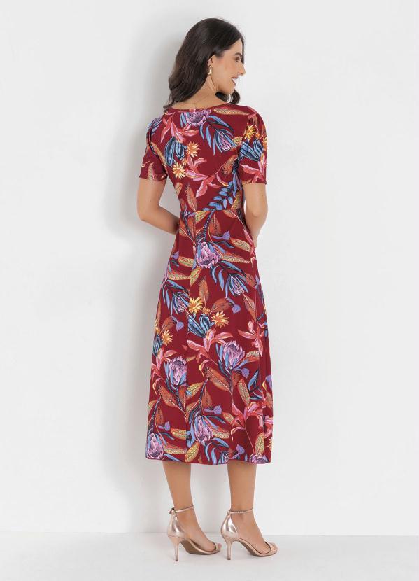 Rosalie - Vestido com Faixa Folhas Bordô Moda Evangélica 2