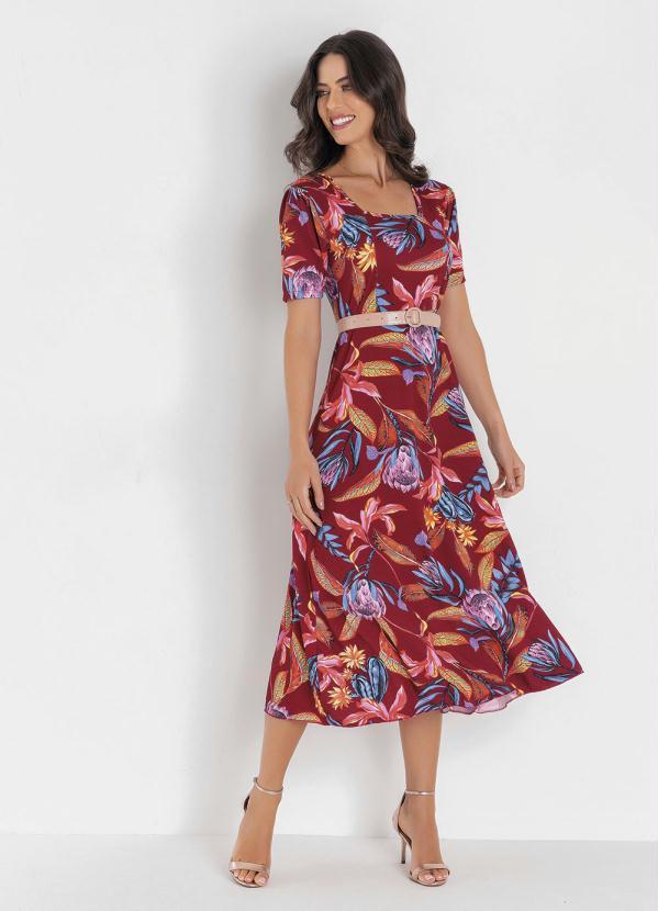 Rosalie - Vestido com Faixa Folhas Bordô Moda Evangélica 3