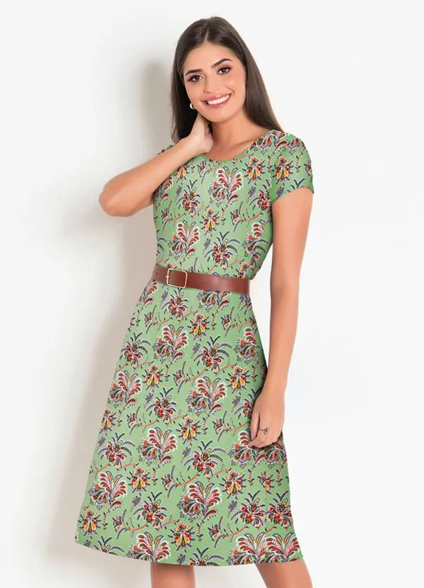 Rosalie - Vestido com Gola Redonda Floral Verde