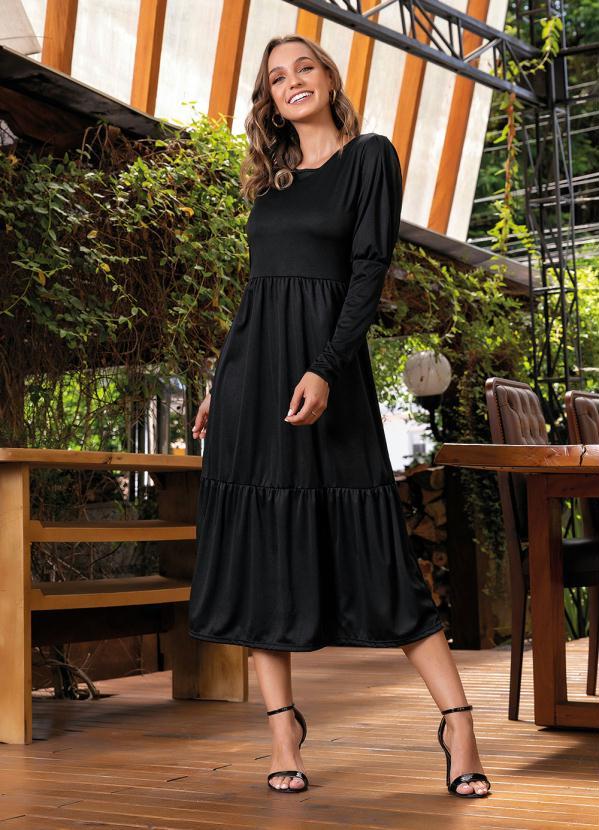 Outlet - Vestido com Manga Fofa Preto Moda Evangélica 3