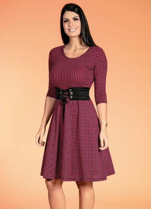 Rosalie - Vestido com Mangas 7/8 Pied de Poule Rosa - ROSALIE