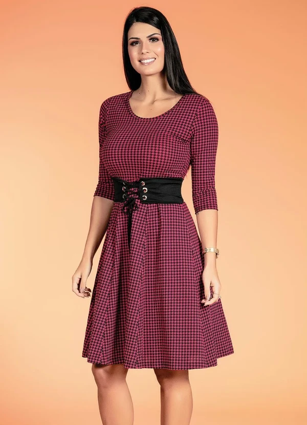 Rosalie - Vestido com Mangas 7/8 Pied de Poule Rosa