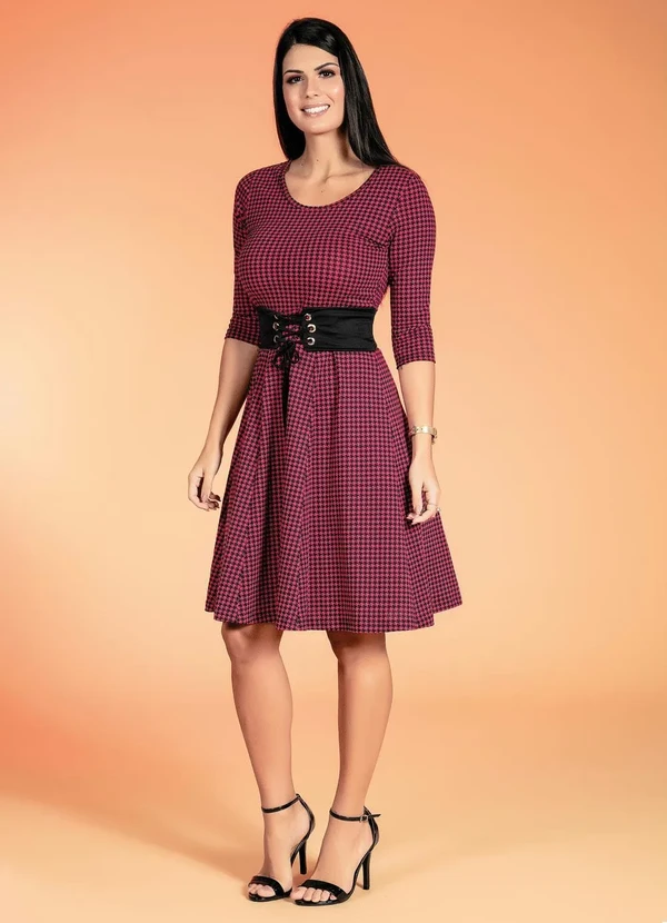 Rosalie - Vestido com Mangas 7/8 Pied de Poule Rosa 3