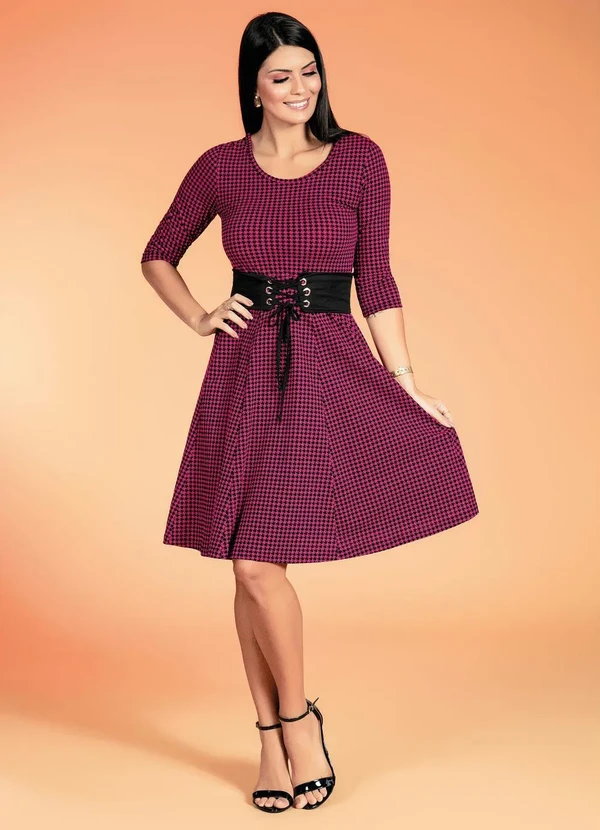 Rosalie - Vestido com Mangas 7/8 Pied de Poule Rosa 4