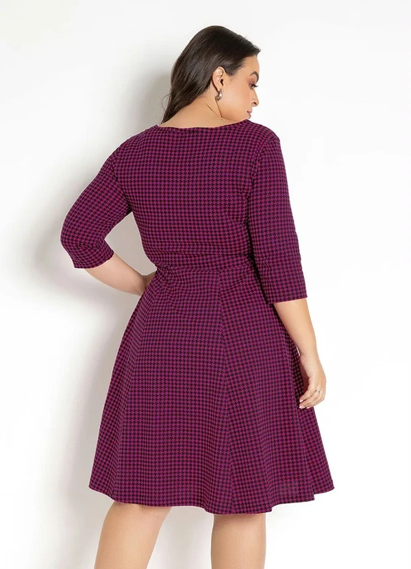 Rosalie - Vestido com Mangas 7/8 Pied de Poule Rosa 7