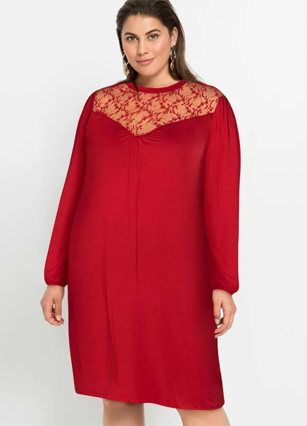Queima Estoque - Vestido com Renda Manga Longa Vermelho 5
