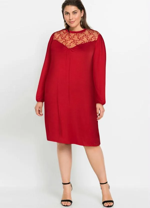 Queima Estoque - Vestido com Renda Manga Longa Vermelho 3
