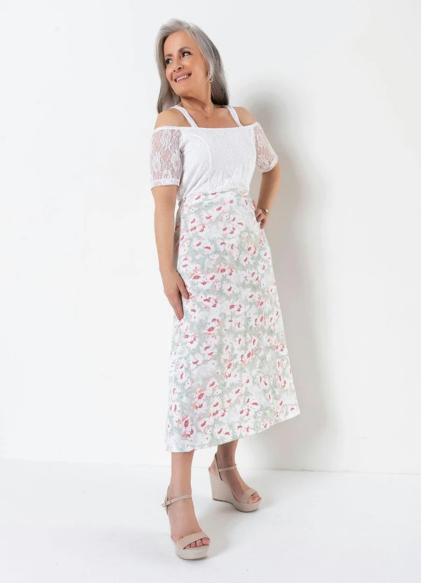 Queima Estoque - Vestido com Renda Midi Floral Branco 1