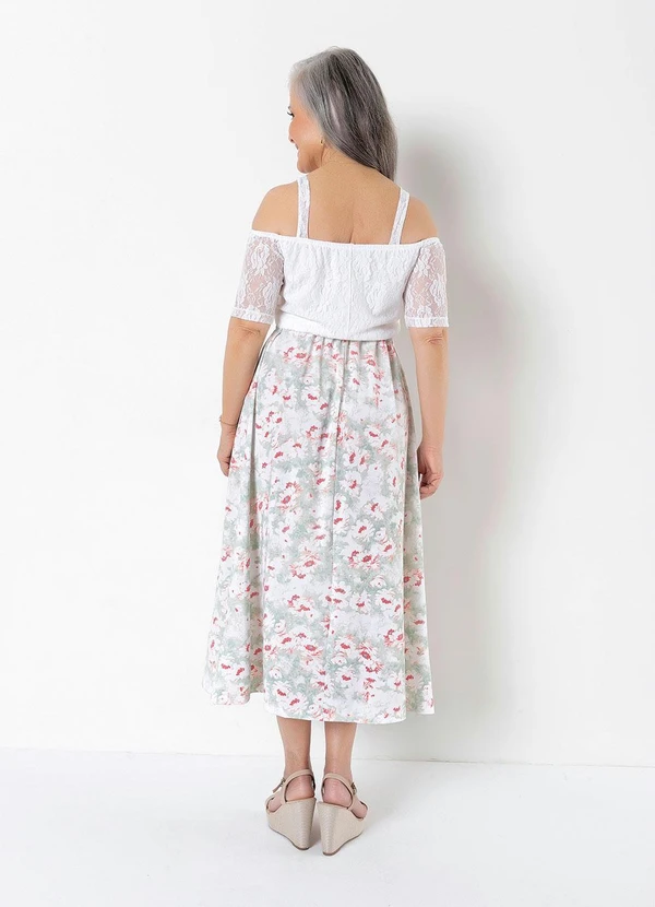 Queima Estoque - Vestido com Renda Midi Floral Branco 2
