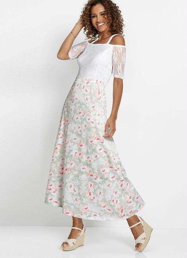 Outlet - Vestido com Renda Midi Floral Branco 6