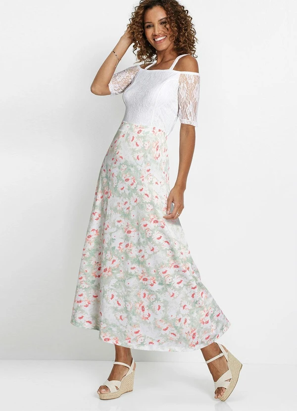 Queima Estoque - Vestido com Renda Midi Floral Branco 3