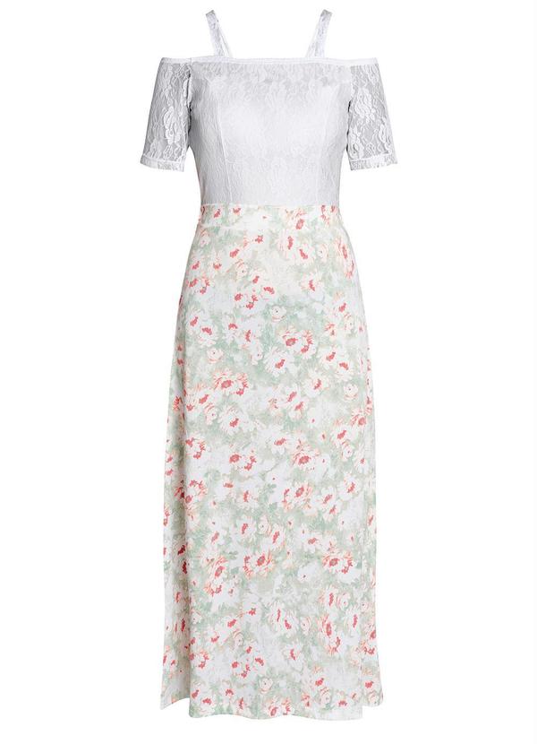 Outlet - Vestido com Renda Midi Floral Branco 2