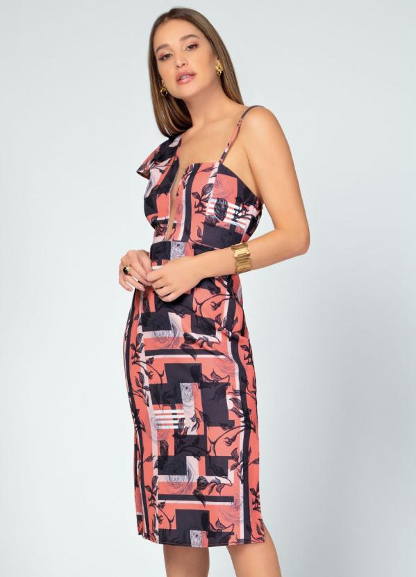 Quintess - Vestido com Sobreposição no Ombro Floral Laranja