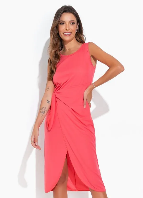 Moda Pop - Vestido Coral com Sobreposição para Amarrar