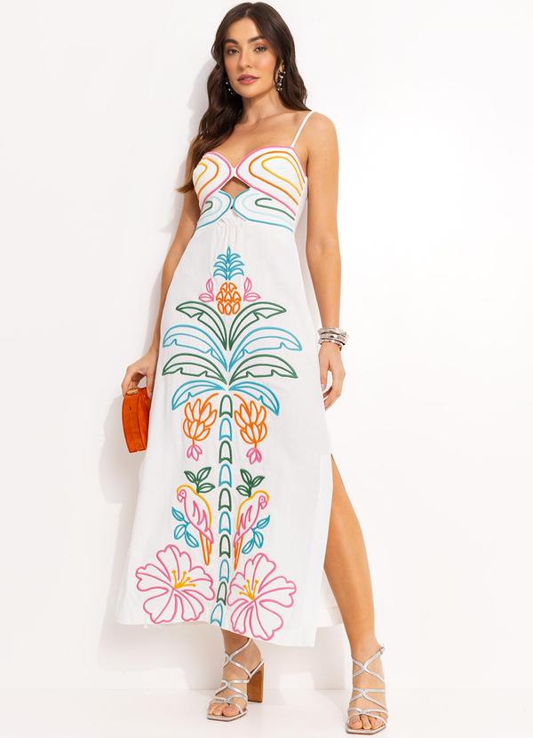 Farm - Vestido Cropped Bordado Viscolinho Off White