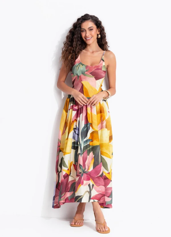 Farm - Vestido Cropped Chita Pintada Amarelo