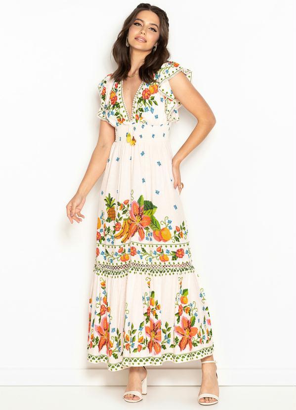 Farm - Vestido Cropped de Laise Vitamina de Verão Bege