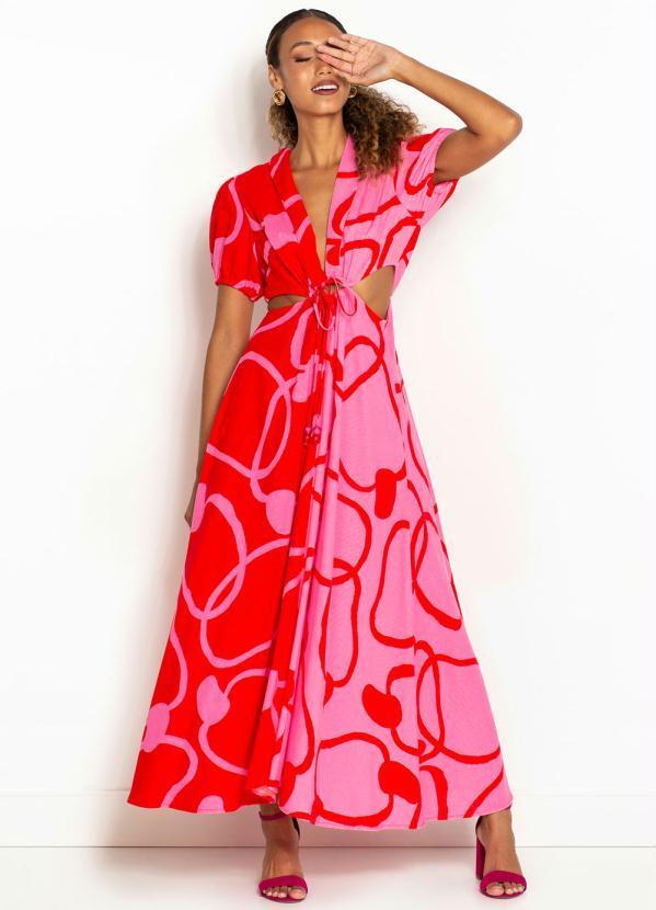 Farm - Vestido Cropped de Linho Maxi Caju Rosa