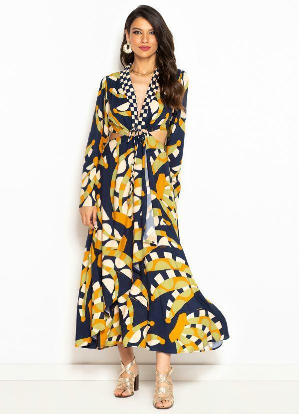 Farm - Vestido Cropped de Viscose Banana Gráfica Estampado