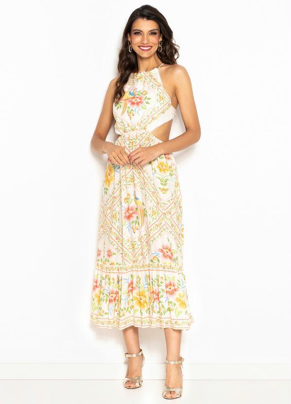 Farm - Vestido Cropped de Viscose Jardim de Araras Bege 1