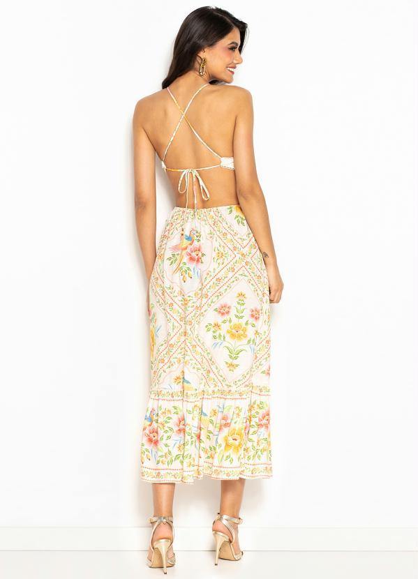 Farm - Vestido Cropped de Viscose Jardim de Araras Bege 2