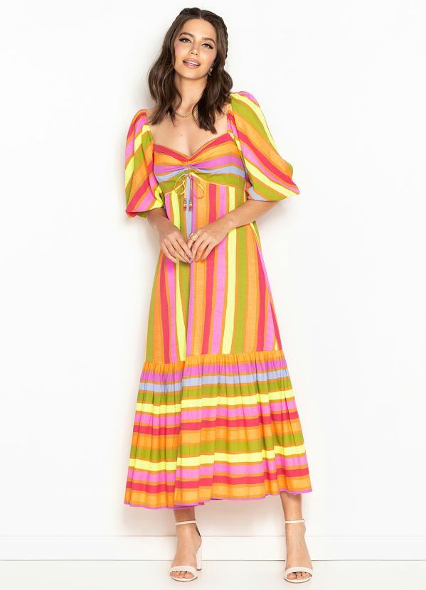 Farm - Vestido Cropped de Viscose Listra Alegria Estampado