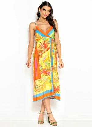 Farm - Vestido Cropped de Viscose Pássaros Pintados Lenço Amarelo - FARM