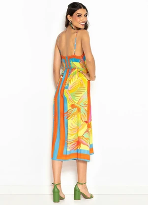 Farm - Vestido Cropped de Viscose Pássaros Pintados Lenço Amarelo - FARM