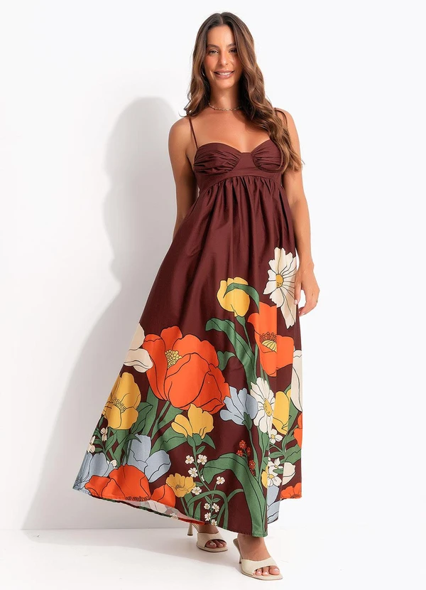 Farm - Vestido Cropped Floral Bucólico Marrom