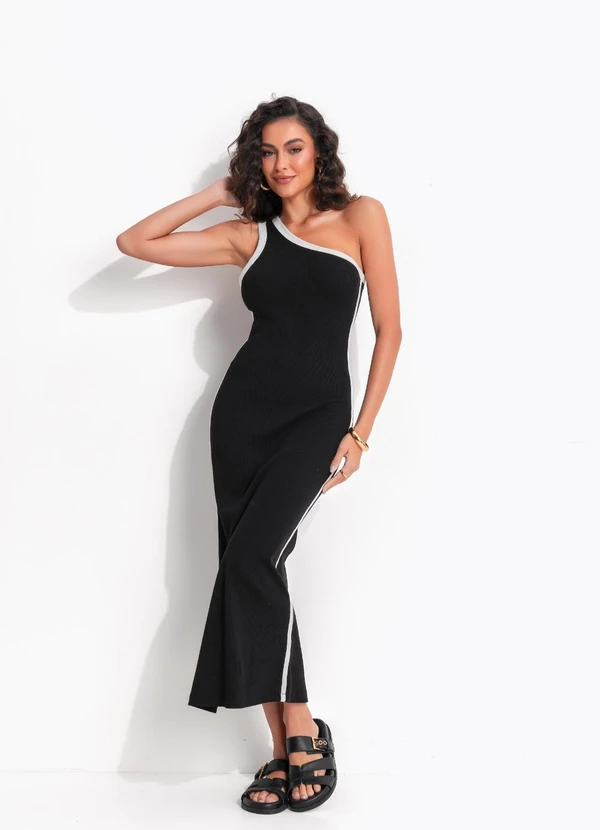 Farm - Vestido Cropped Ombro Só Bicolor Preto