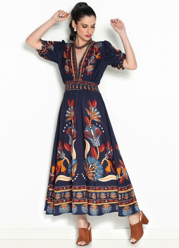 Farm - Vestido Cropped Selva Gráfica Azul Marinho