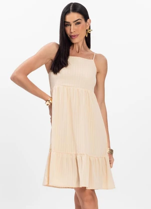 Rovitex - Vestido Curto Listrado em Chiffon Aishty Bege - ROVITEX