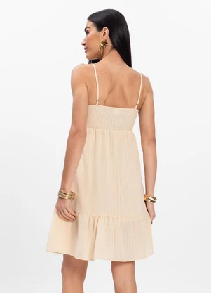 Rovitex - Vestido Curto Listrado em Chiffon Aishty Bege - ROVITEX