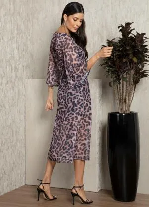 Quintess - Vestido de Onça em Tule com Mangas Amplas - QUINTESS