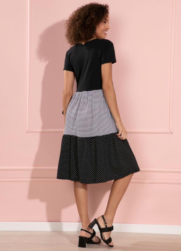 Quintess - Vestido de Recortes Preto, Listrado e Poá 2