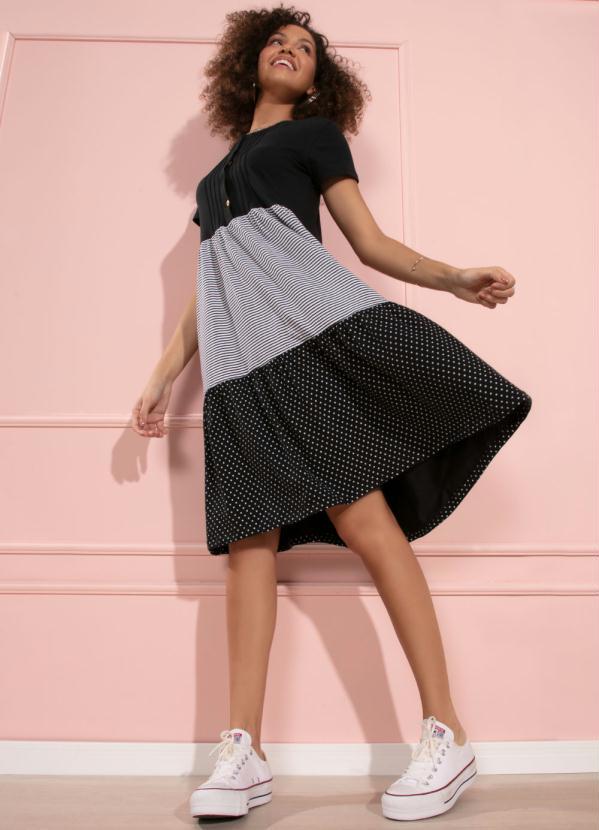 Quintess - Vestido de Recortes Preto, Listrado e Poá 3