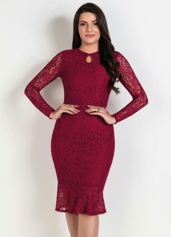 Outlet - Vestido de Renda Bordô Moda Evangélica