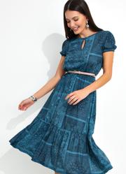 Vestido Decote com Gota Paisley Azul
