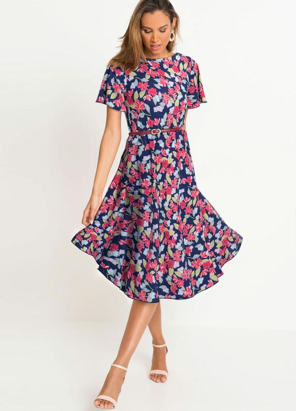 Outlet - Vestido Decote Redondo Manga Curta Floral Azul 2