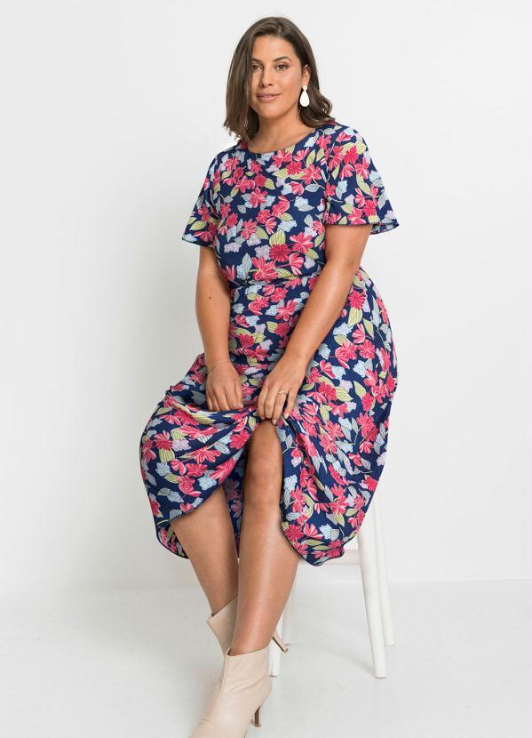 Outlet - Vestido Decote Redondo Manga Curta Floral Azul 3