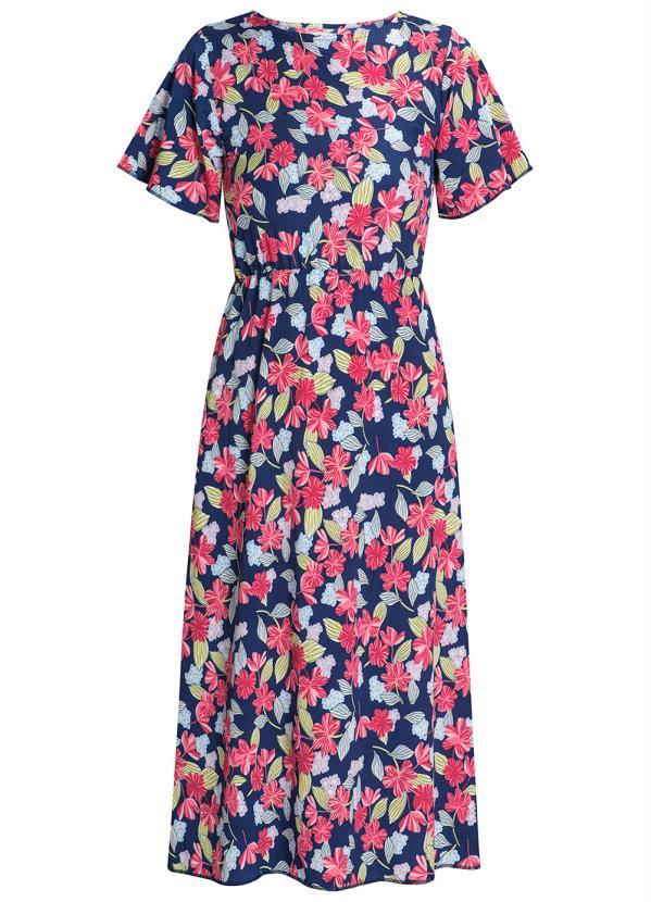 Outlet - Vestido Decote Redondo Manga Curta Floral Azul 4
