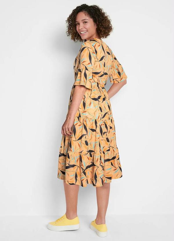 bonprix - Vestido Decote Redondo Midi Folhagem Amarelo 2