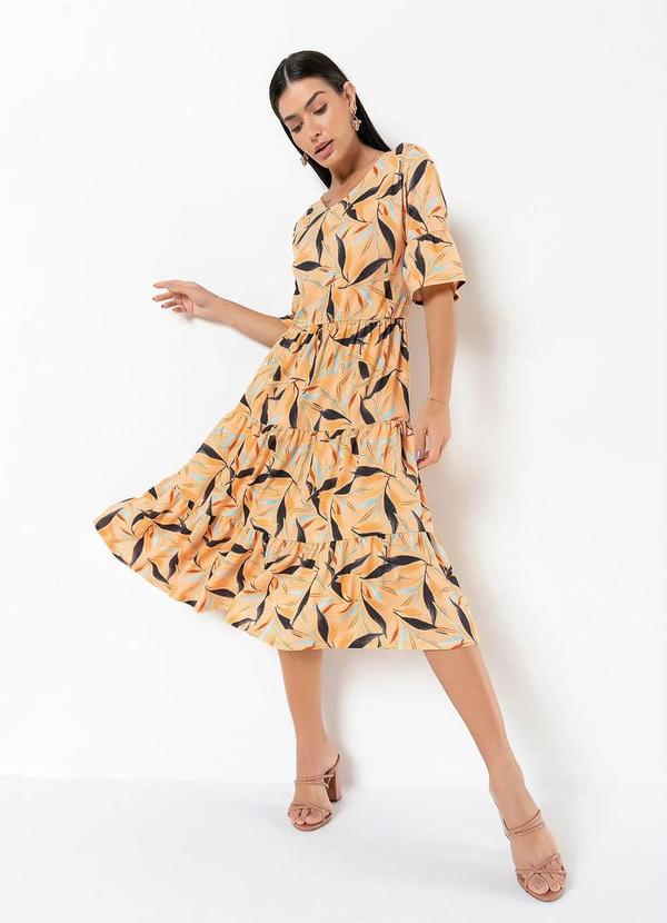 bonprix - Vestido Decote Redondo Midi Folhagem Amarelo 4