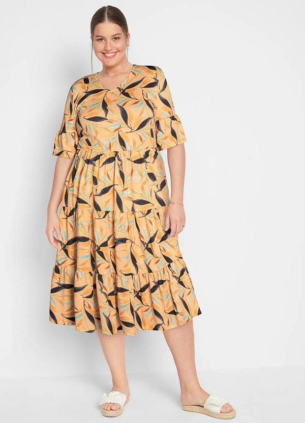 bonprix - Vestido Decote Redondo Midi Folhagem Amarelo 6