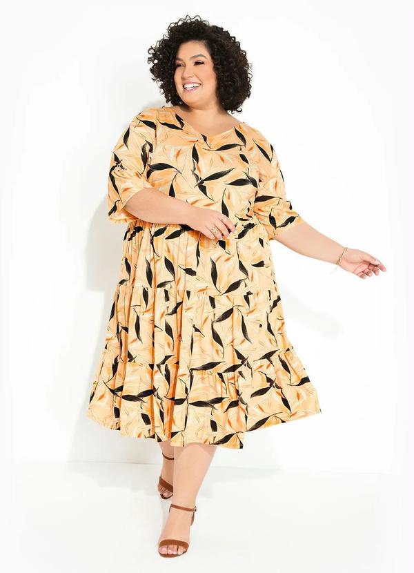 bonprix - Vestido Decote Redondo Midi Folhagem Amarelo 9