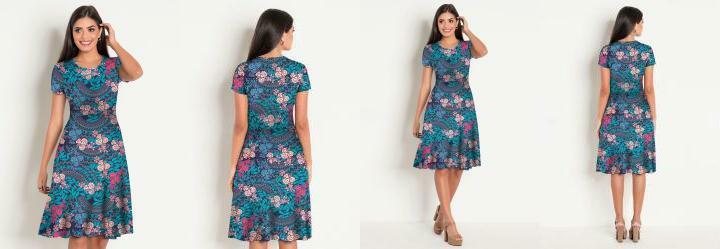 Vestido Decote Redondo Moda Evanglica Floral
